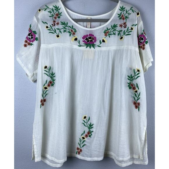 NWT Raga Sz S Sample White Embroidered Gauze SS Side Slit Slv V Slit Peasant Top - Picture 1 of 10